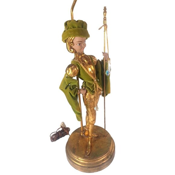 Vtg 40" MCM Italian Pixie Elf Statue Table Floor Lamp Torchiere Green Gold Leaf - Picture 6 of 16